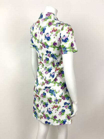 VINTAGE 60s 70s WHITE BLUE PURPLE GREEN FLORAL ROSE DAGGER COLLAR DRESS 10