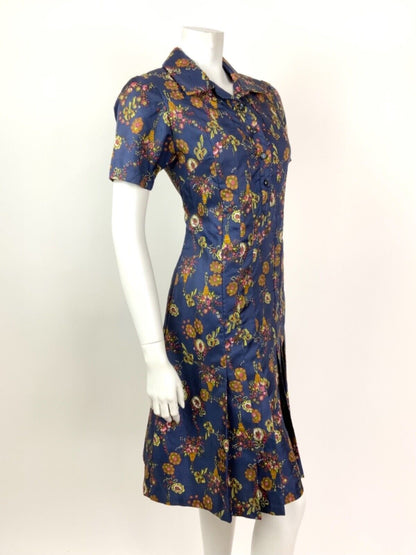 VINTAGE 60s 70s BLUE YELLOW BRONZE PINK FLORAL CAMEO BOW DAGGER SHIRT DRESS 12