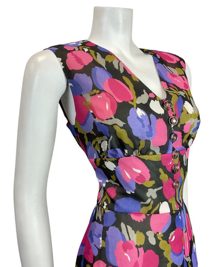 VINTAGE 60s 70s PURPLE PINK BLACK TULIP FLORAL SLEEVELESS MOD SHORT DRESS 10 12