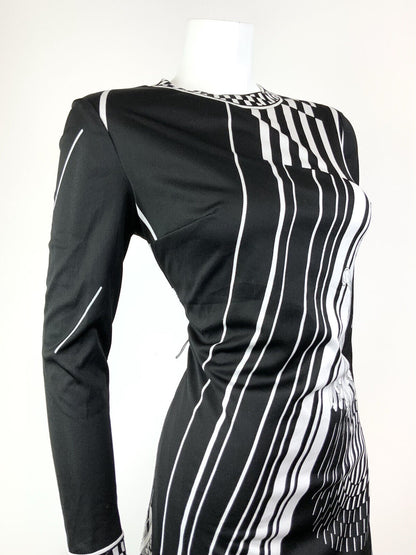 VINTAGE 60s 70s BLACK WHITE STRIPED FLORAL OP-ART FITTED KNEE-LENGTH DRESS 12 14