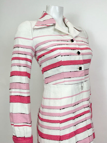 VINTAGE 60s 70s WHITE PINK ROSE STRIPED PLEATED MOD DAGGER SHIRT DRESS 8 10