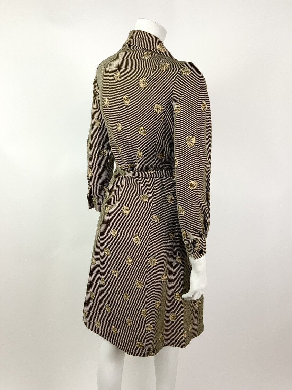 VINTAGE 60s 70s GOLD BLACK STRIPED ROSE FLORAL DAGGER SHIRT DRESS 10 12