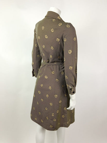 VINTAGE 60s 70s GOLD BLACK STRIPED ROSE FLORAL DAGGER SHIRT DRESS 10 12