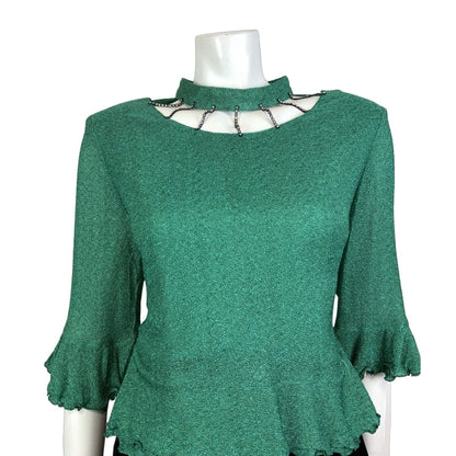 VINTAGE 60s 70s METALLIC GREEN DIAMANTE CUT-OUT RUFFLED DISCO PARTY TOP 16