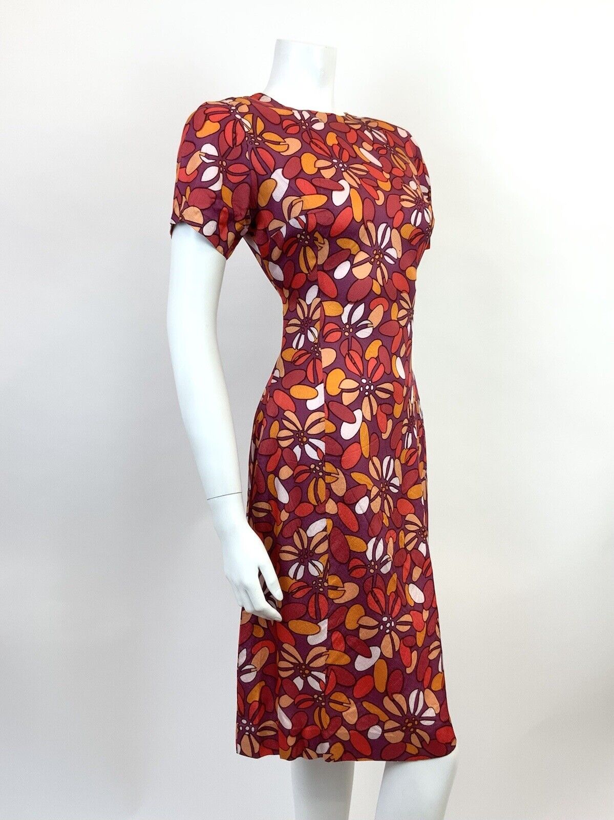 VTG 60s 70s PURPLE PEACH RED FLORAL PETAL PSYCHEDELIC MOD FITTED DRESS 10 12