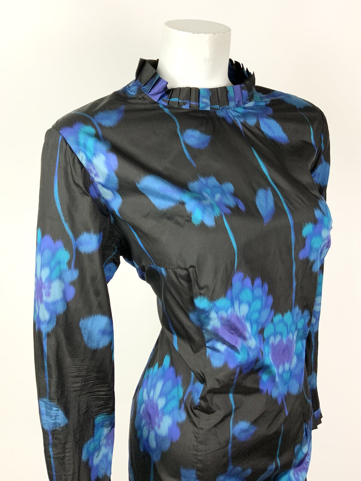 VINTAGE 60s 70s BLACK BLUE PURPLE FLORAL PSYCHEDELIC RUFFLE COLLAR DRESS 14 16