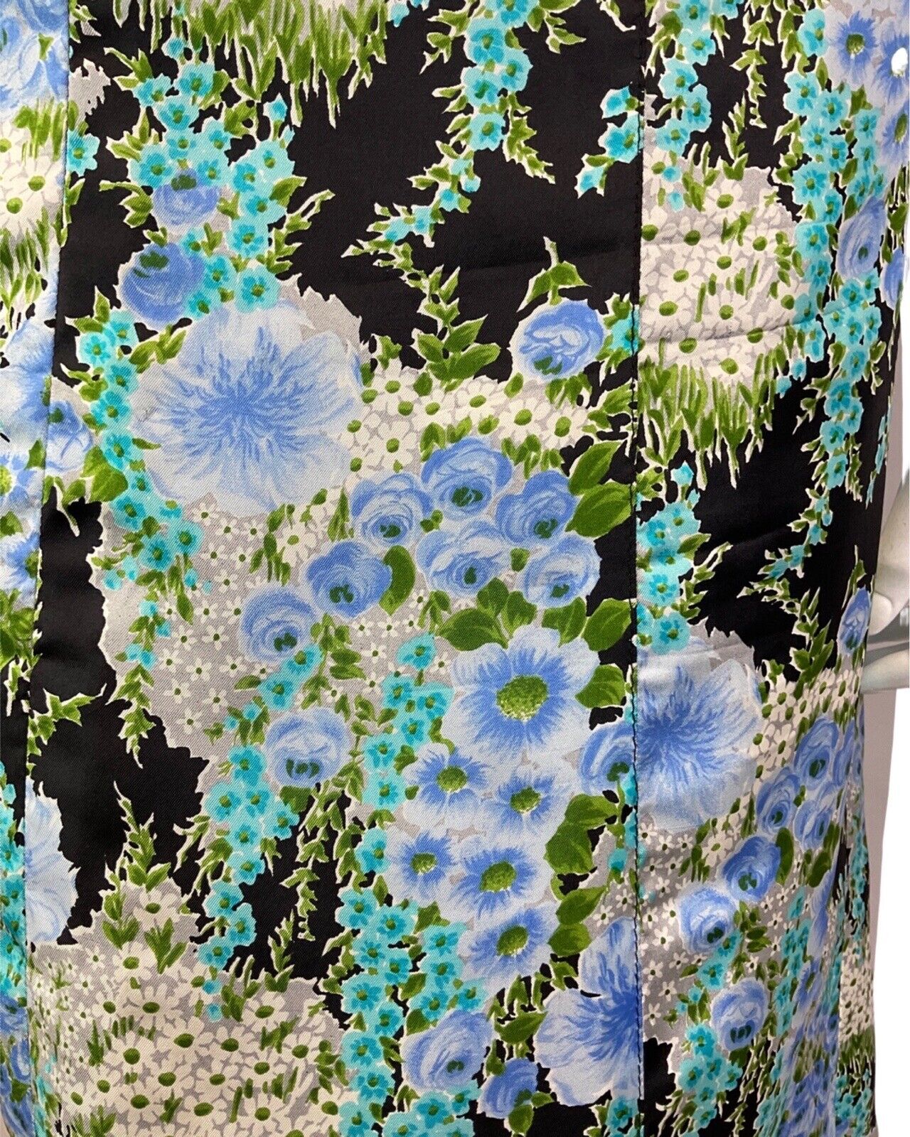 VINTAGE 60s 70s BLUE GREEN BLACK FLORAL WING COLLAR SLEEVELESS DRESS 16 18