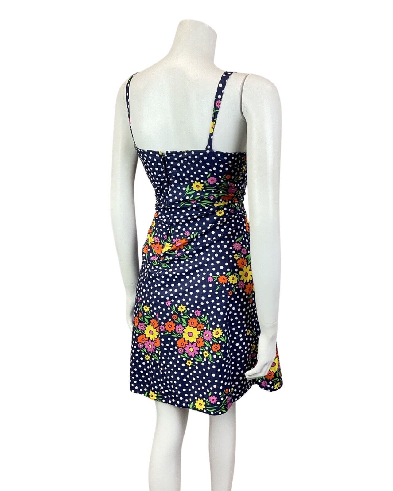 VINTAGE 60s 70s BLUE WHITE RED YELLOW POLKA-DOT DAISY FLORAL SUMMER SUN DRESS 10