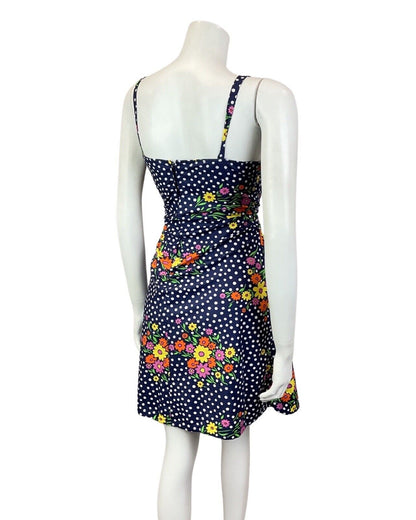 VINTAGE 60s 70s BLUE WHITE RED YELLOW POLKA-DOT DAISY FLORAL SUMMER SUN DRESS 10