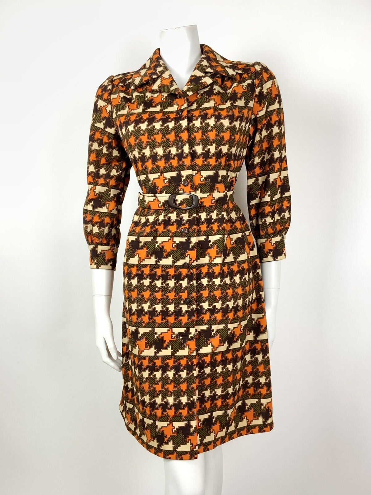VINTAGE 60s 70s ORANGE BROWN GREEN CREAM GEOMETRIC HOUNDSTOOTH SHIRT DRESS 12 14