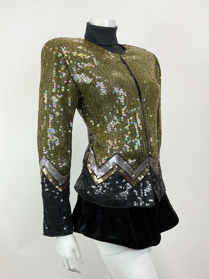 VINTAGE 70s 80s GOLD BLACK SILVER SEQUIN ZIG-ZAG DISCO PARTY TROPHY JACKET 8 10