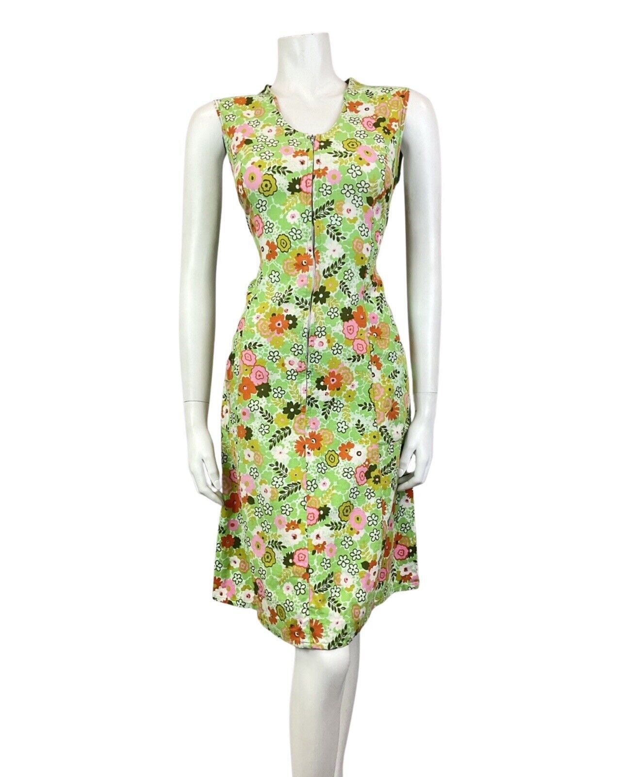 VINTAGE 60s 70s GREEN PINK WHITE FLORAL PSYCHEDELIC ZIP-UP MOD DRESS 12