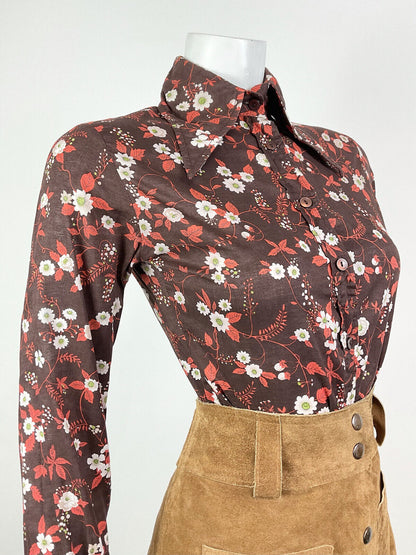 VTG 60s 70s BROWN WHITE ORANGE BOTANICAL FLORAL LEAFY BERRY DAGGER SHIRT 8 10