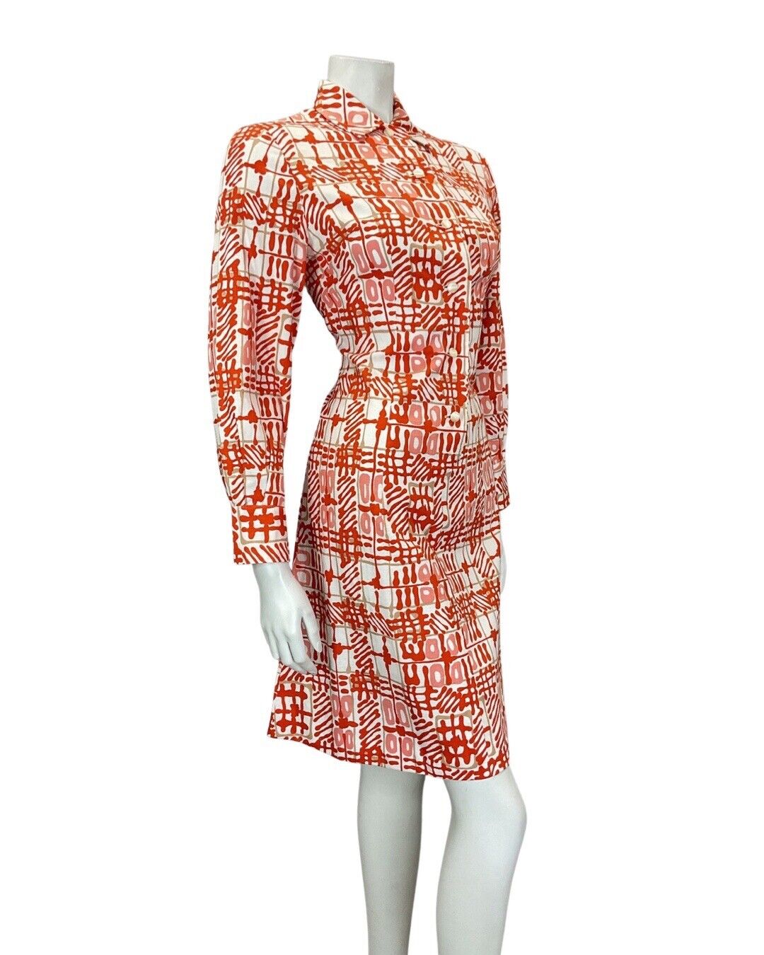 VINTAGE 60s 70s ORANGE PINK WHITE GEOMETRIC CHECKED DAGGER SHIRT DRESS 10