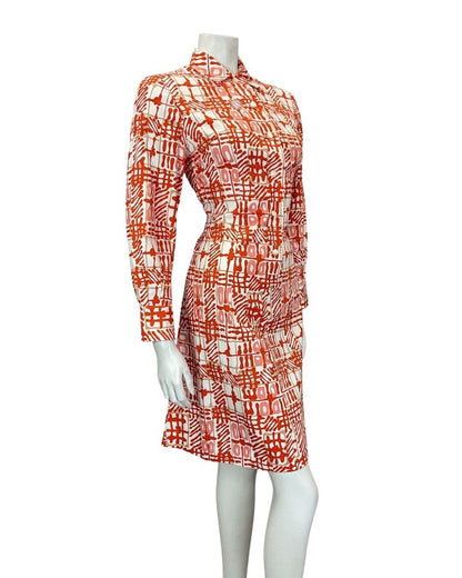 VINTAGE 60s 70s ORANGE PINK WHITE GEOMETRIC CHECKED DAGGER SHIRT DRESS 10