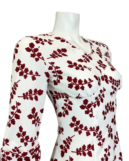 VINTAGE 60s 70s WHITE WINE RED BRANCH LEAFY FLORAL KNEE-LENGTH DRESS 8