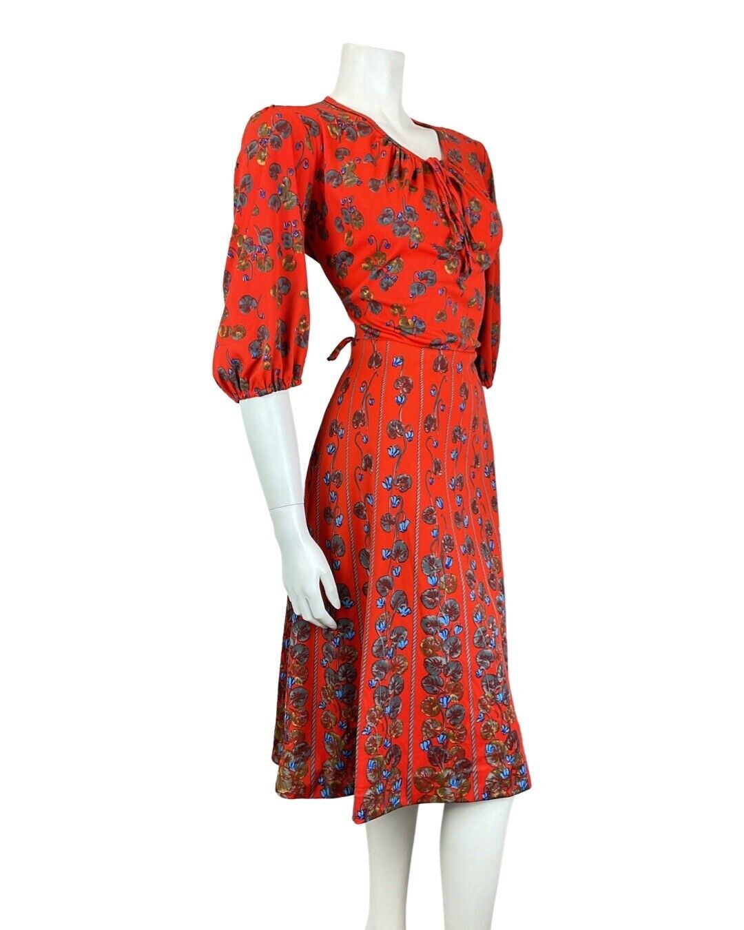 VINTAGE 60s 70s RED BLUE GREY FLORAL ROPE STRIPED LONG SLEEVE SWING DRESS 14