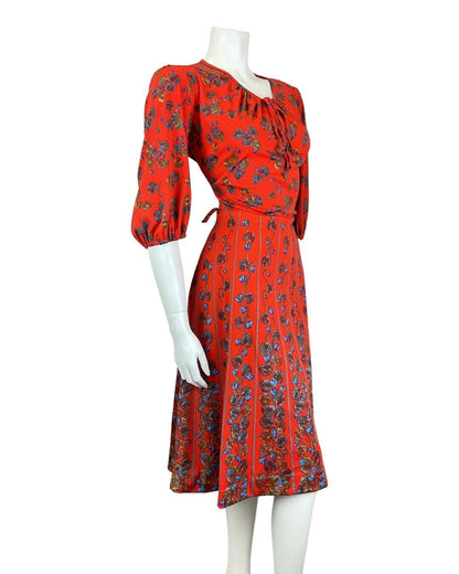 VINTAGE 60s 70s RED BLUE GREY FLORAL ROPE STRIPED LONG SLEEVE SWING DRESS 14