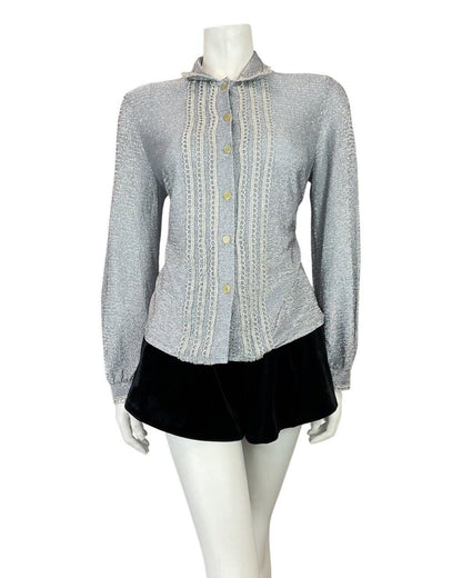 VINTAGE 60s 70s SILVER SCALLOPED GLITTER DISCO PARTY STUDIO 54 LUREX SHIRT 14 16