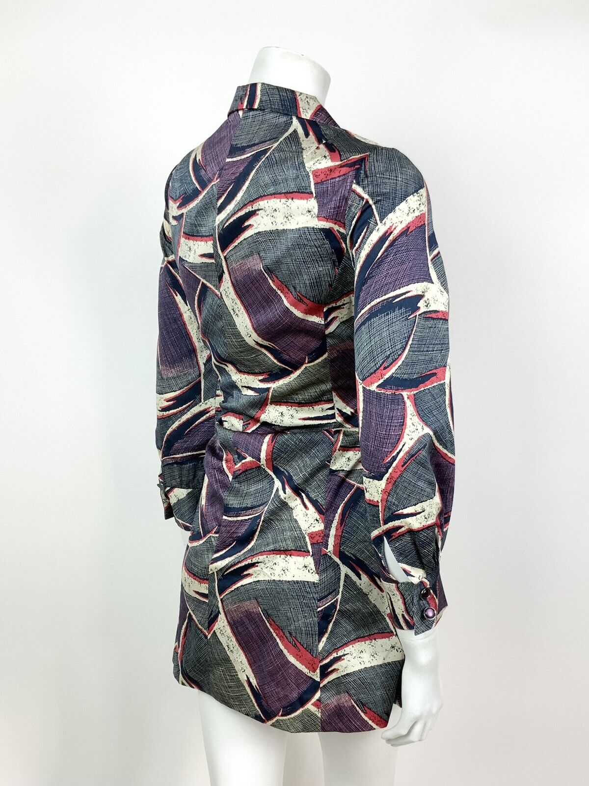 VINTAGE 60s 70s BLUE WHITE RED PINK ABSTRACT PSYCHEDELIC DAGGER SHIRT DRESS 12