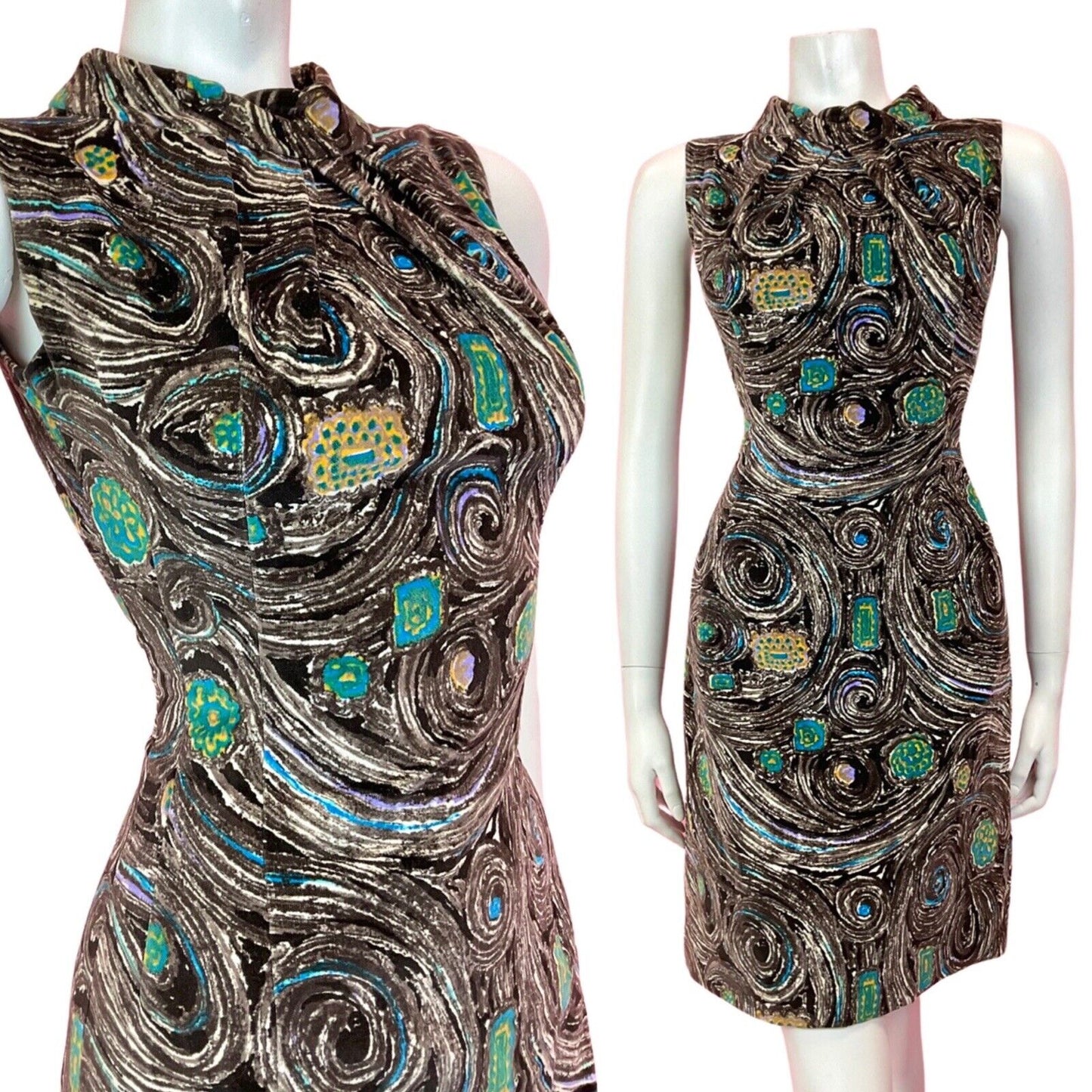 VTG 60s 70s BROWN CREAM BLUE PSYCHEDELIC SWIRL FLOWER VELVET WIGGLE DRESS 8 10