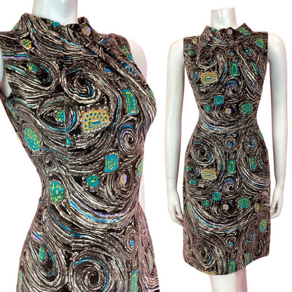 VTG 60s 70s BROWN CREAM BLUE PSYCHEDELIC SWIRL FLOWER VELVET WIGGLE DRESS 8 10