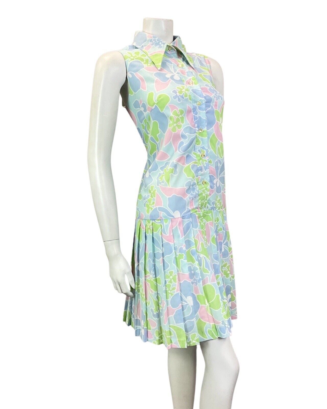 VTG 60s 70s BLUE GREEN PINK FLORAL DROP-WAIST PLEATED DAGGER SHIRT DRESS 10 12