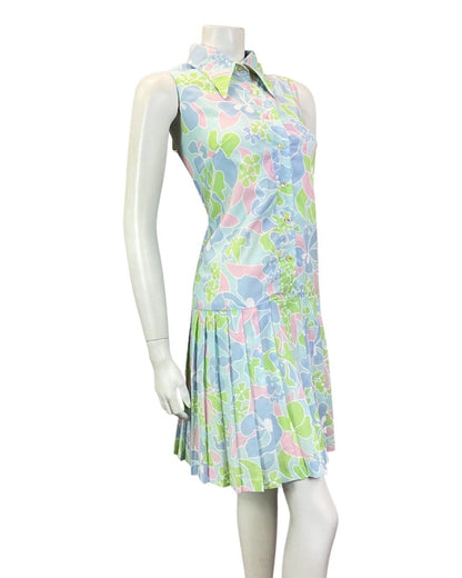 VTG 60s 70s BLUE GREEN PINK FLORAL DROP-WAIST PLEATED DAGGER SHIRT DRESS 10 12