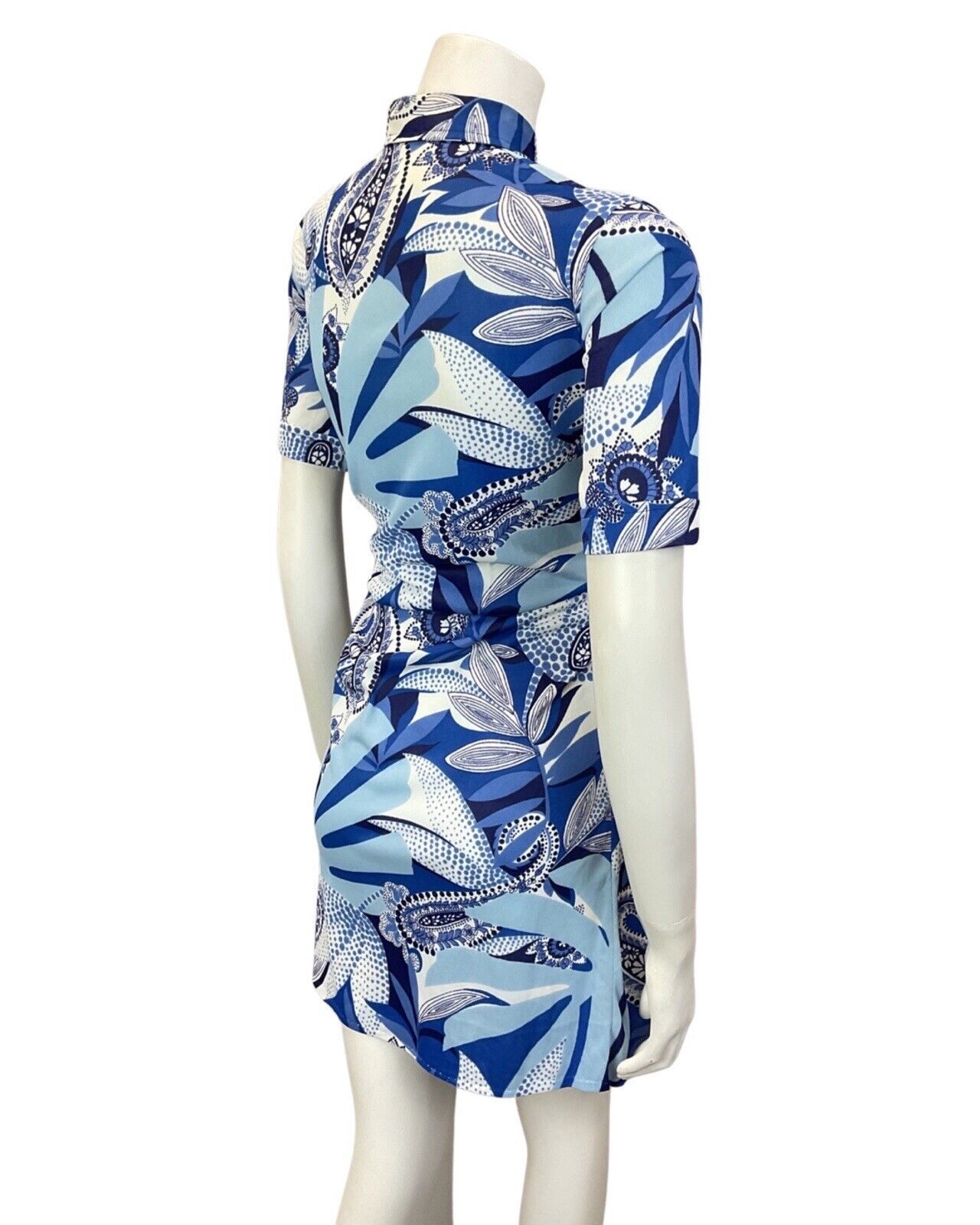 VINTAGE 60s 70s BLUE NAVY WHITE PSYCHEDELIC FLORAL PAISLEY MOD SHIRT DRESS 10 12