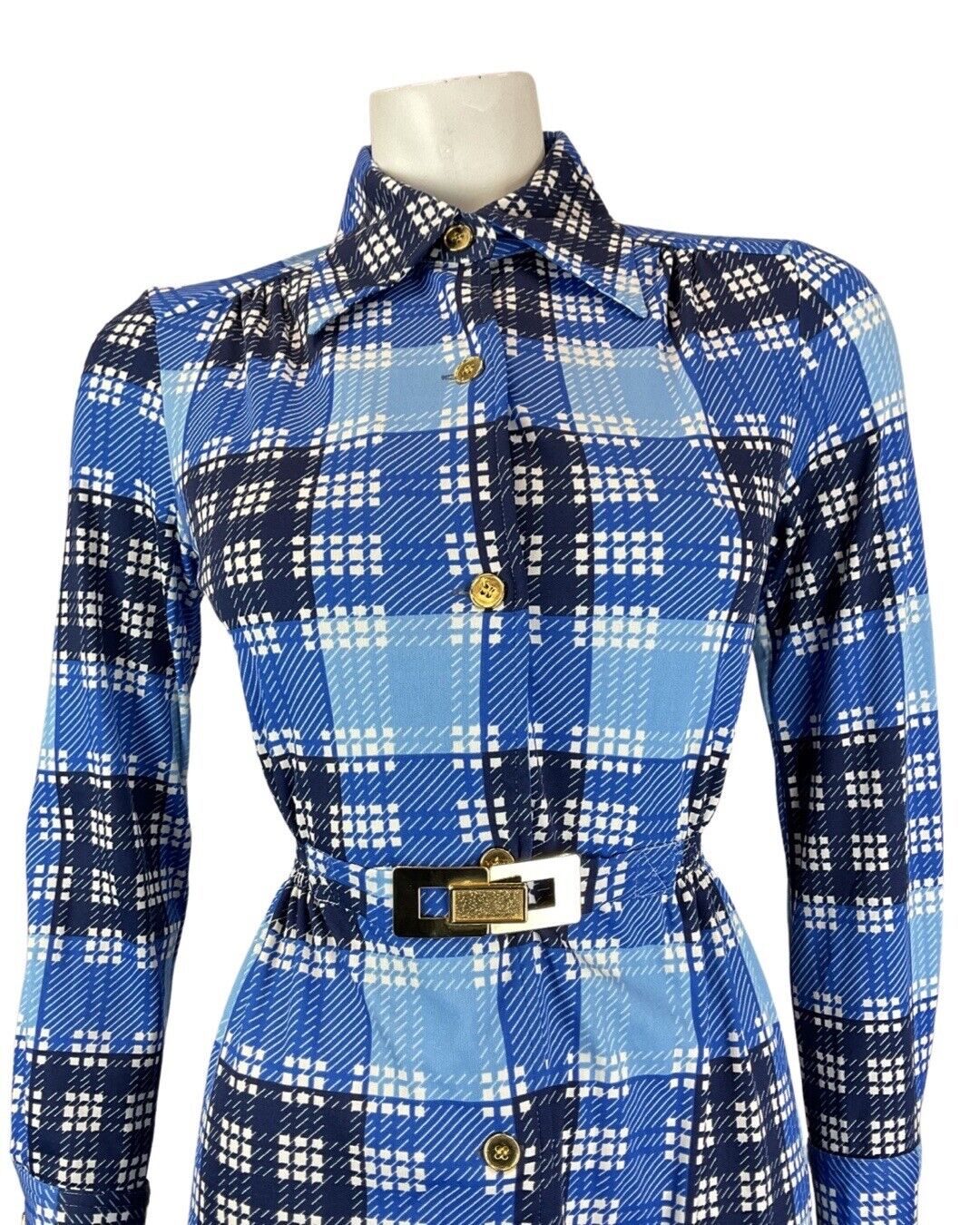 VINTAGE 60s 70s BLUE BLACK WHITE GINGHAM CHECKED BELTED DAGGER SHIRT DRESS 8 10