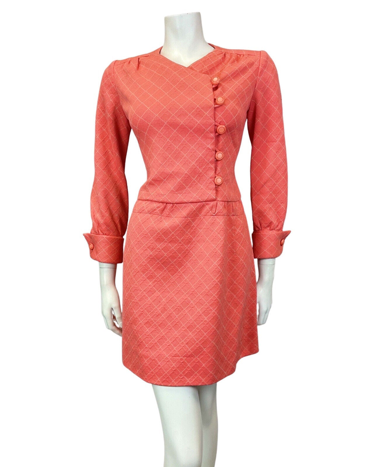 VINTAGE 60s 70s SALMON PINK WHITE GRID CHECKED MOD SCOOTER SHIFT DRESS 8