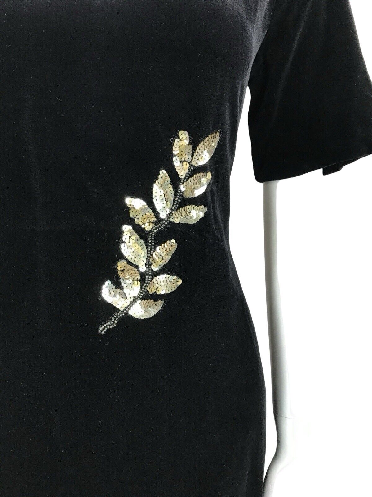VTG 60S 70S BLACK VEVET GOLD LEAF EMBELLISHED SEQUIN BEADED MIDI PARTY DRESS 4 6