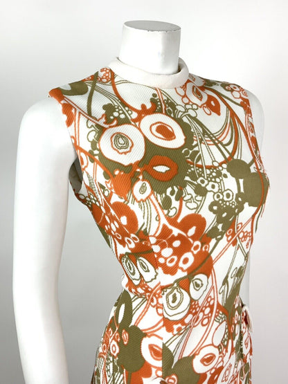 VINTAGE 60s 70s WHITE ORANGE GREEN FLORAL PSYCHEDELIC SLEEVELESS MOD DRESS 12 14