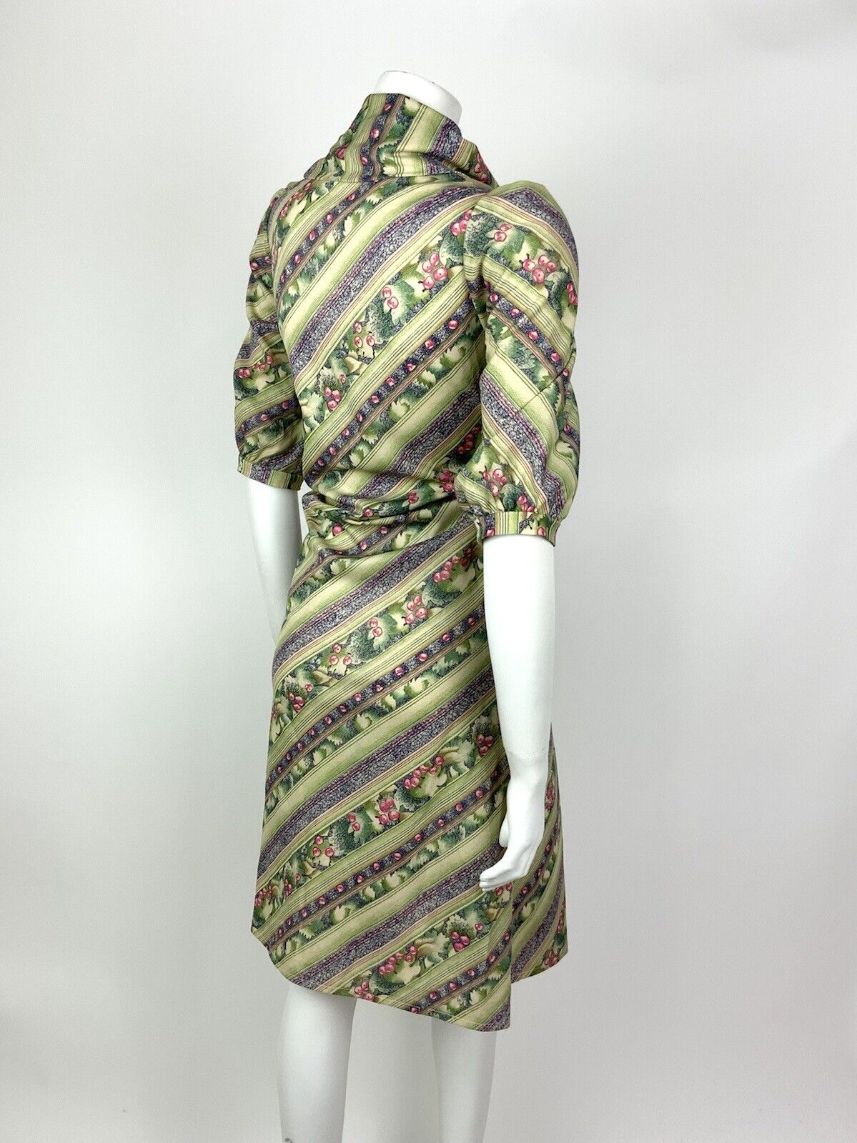VTG 60s 70s GREEN PINK BLUE STRIPED SQUIGGLE BERRY LEAFY COWL A-LINE DRESS 10 12