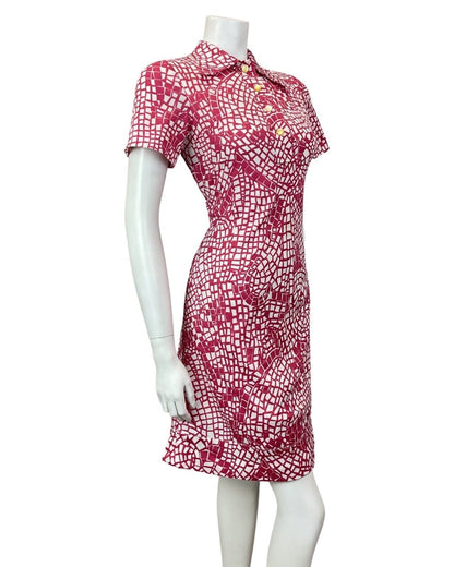 VINTAGE 60s 70s PINK WHITE PSYCHEDELIC GEOMETRIC MOD SHORT SHIRT DRESS 10 12