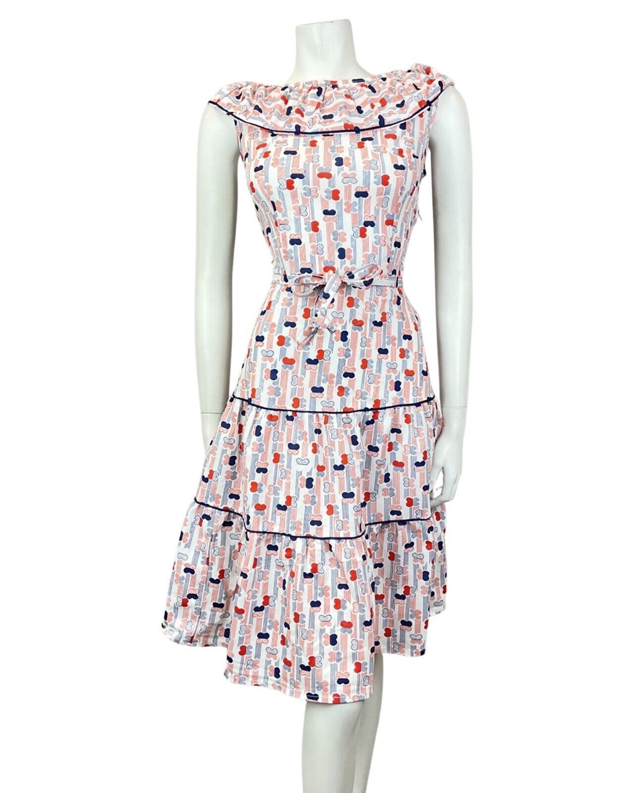 VINTAGE 60s 70s WHITE RED BLUE STRIPED BUTTERFLY SLEEVELESS SWING DRESS 8 10