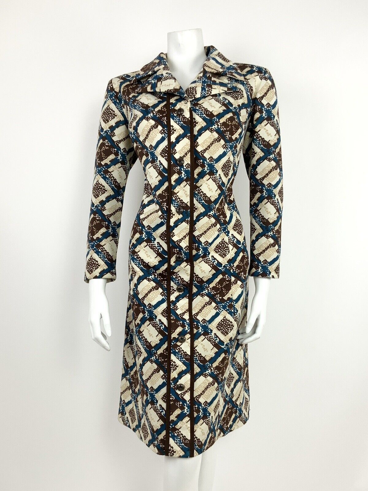 VINTAGE 60s 70s WHITE BROWN BLUE BEIGE GEOMETRIC PLAID SHIRT DRESS 14 16