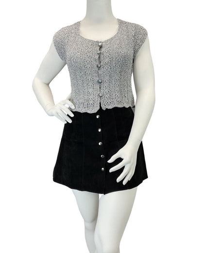 VINTAGE 60s 70s SILVER CROCHETED DISCO PARTY KNIT CROPPED VEST TOP 14 16