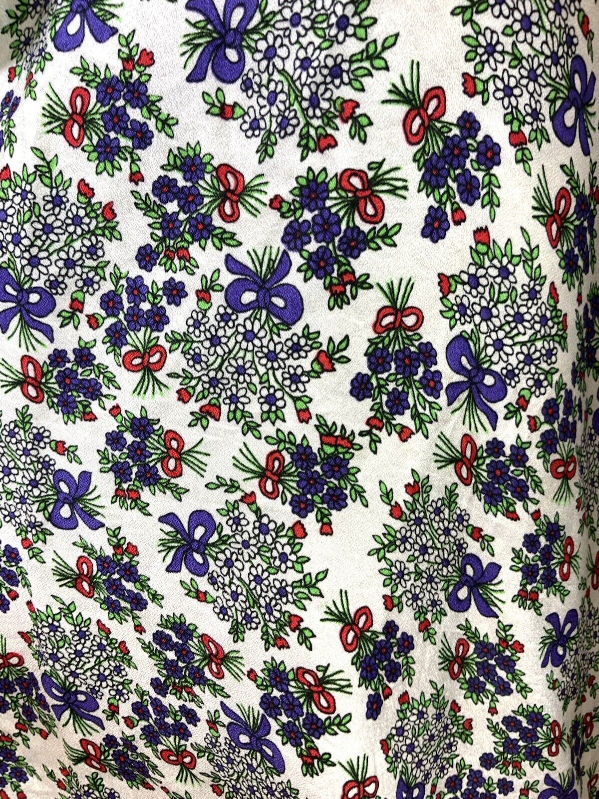 VINTAGE 60s 70s WHITE PURPLE RED GREEN FLORAL BOUQUET BOW RUFFLE DRESS 8