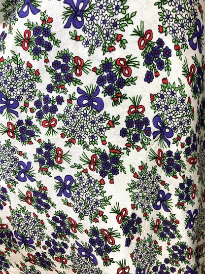 VINTAGE 60s 70s WHITE PURPLE RED GREEN FLORAL BOUQUET BOW RUFFLE DRESS 8