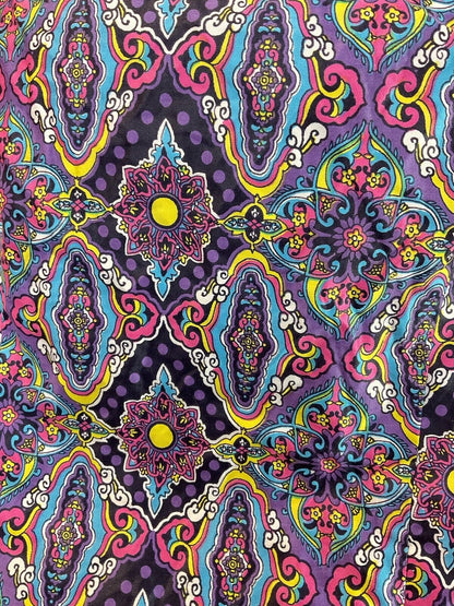 VTG 60s 70s PURPLE BLUE YELLOW PINK PSYCHEDELIC FLORAL PUSSYBOW BLOUSE TOP 16 18