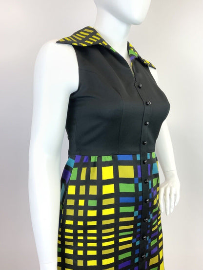 VINTAGE 60s 70s BLACK GREEN BLUE YELLOW GRID GEOMETRIC DAGGER SHIRT DRESS 14 16