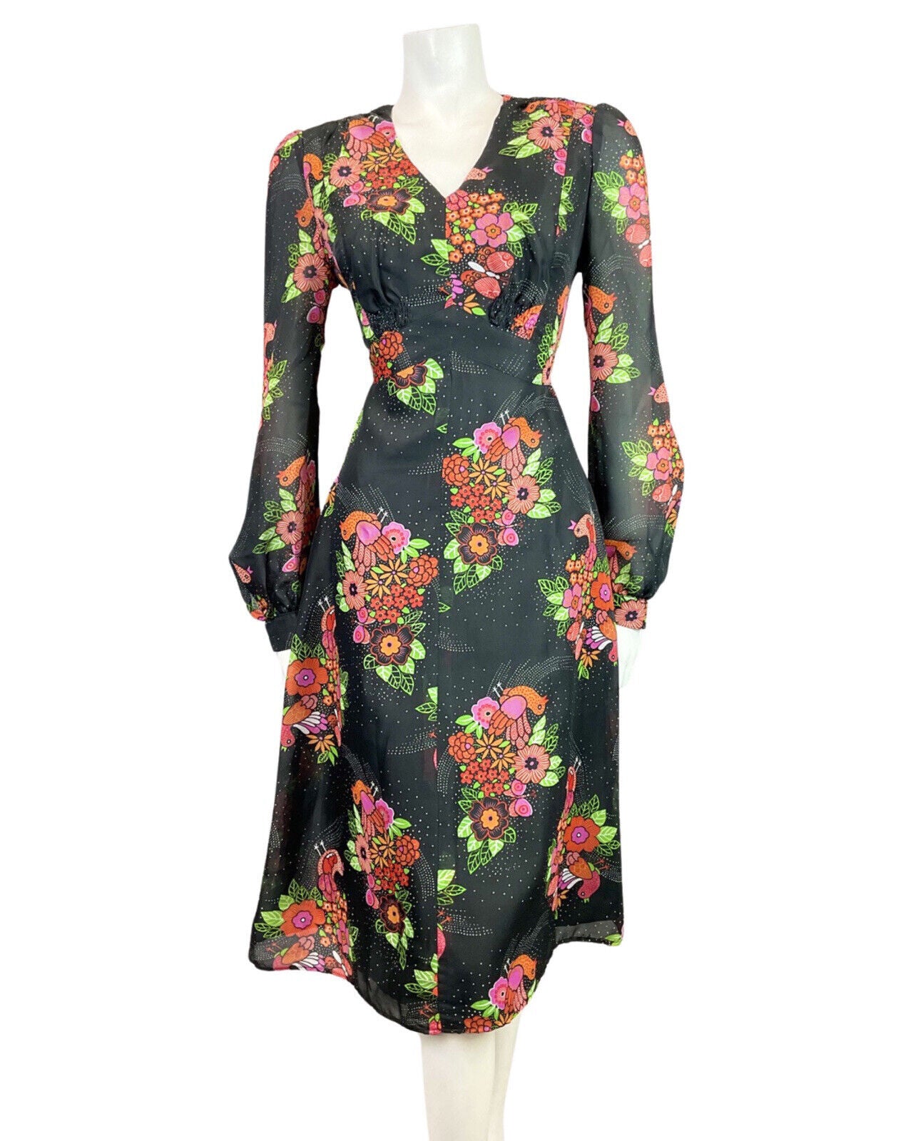 VTG 60s 70s BLACK PINK GREEN FLORAL BIRD BUTTERFLY SHEER SWING DRESS 12