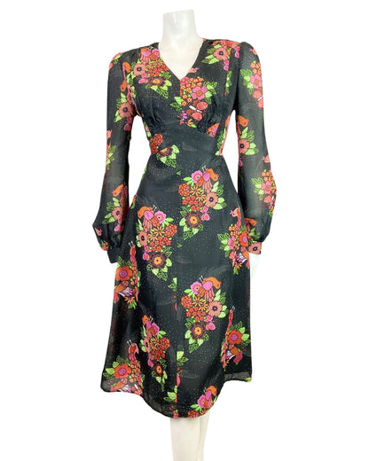 VTG 60s 70s BLACK PINK GREEN FLORAL BIRD BUTTERFLY SHEER SWING DRESS 12