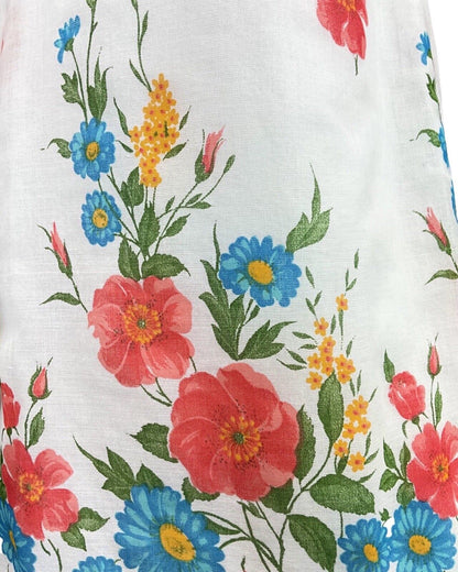 VINTAGE 60s 70s WHITE RED BLUE FLORAL GARDEN SHEER PUFF SLEEVE MOD DRESS 12