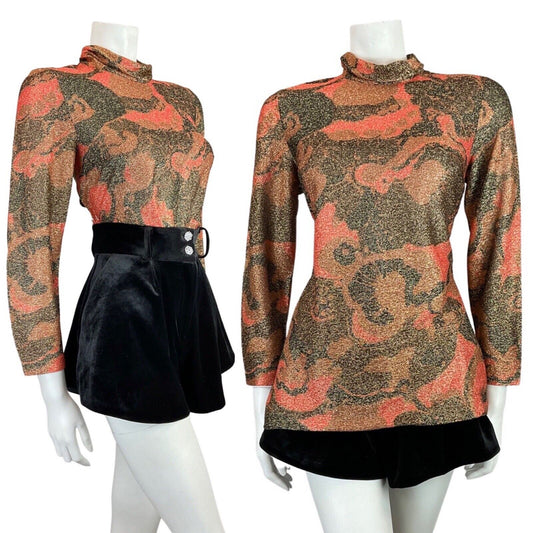 VINTAGE 60s 70s BROWN ORANGE GOLD PSYCHEDELIC TURTLENECK DISCO LUREX BLOUSE 12