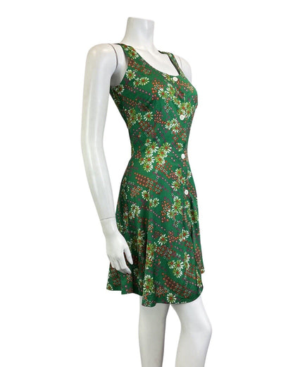 VINTAGE 60s 70s GREEN RED PURPLE DAISY FLOWER GEOMETRIC MOD SLEEVELESS DRESS 8