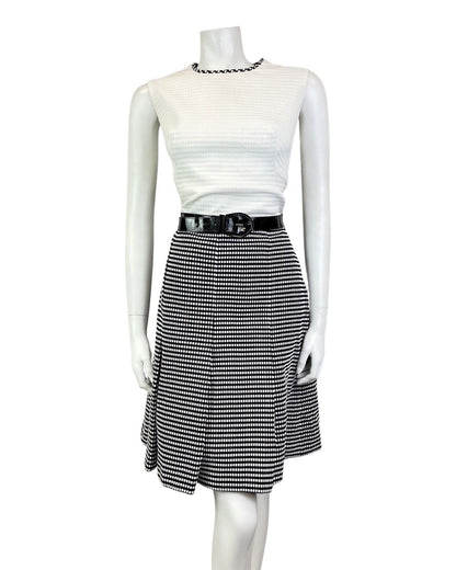 VINTAGE 60s 70s WHITE BLACK CHECKERBOARD BELTED MOD SLEEVELESS DRESS 12