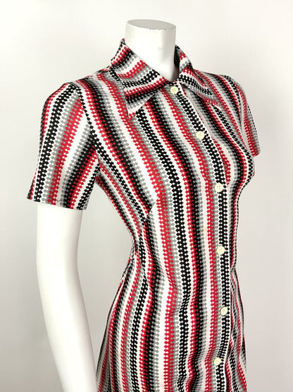 VTG 60s 70s WHITE SILVER BLACK RED STRIPED MOD DAGGER COLLAR SHIRT DRESS 12 14