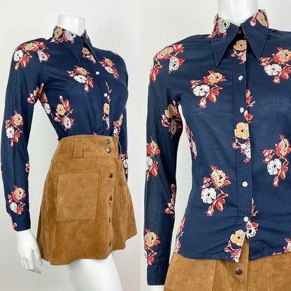 VINTAGE 60s 70s CACHAREL NAVY BLUE RED BEIGE FLORAL ROSE DAGGER SHIRT BLOUSE 10